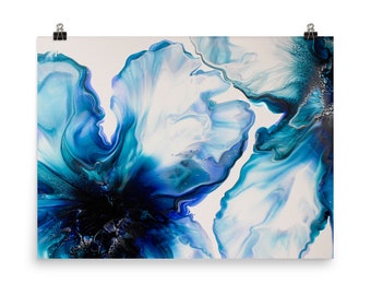 Bella Iris Blu Fiore Astratto Fluido Arte Acrilico Pour Giclee Stampa