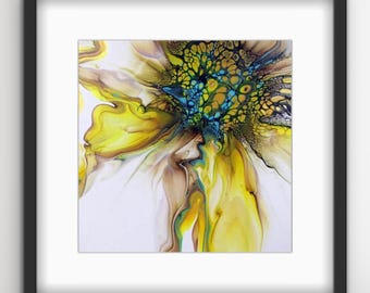 Splendida stampa giclée in acrilico e fluida astratta ispirata al girasole