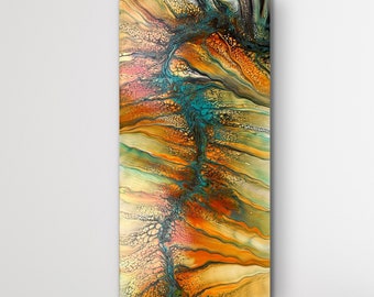 Beautiful River Flowing through a Mountain Canyon Nature Inspired Abstract Fluid Art Acrylic Pour Painting. Canvas size: 12"x 24"