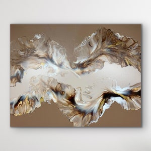 Beautiful Shades of Brown and Gold on a Split Beige and Brown Background Abstract Fluid Acrylic Pour Painting. Canvas size: 22"x 28"