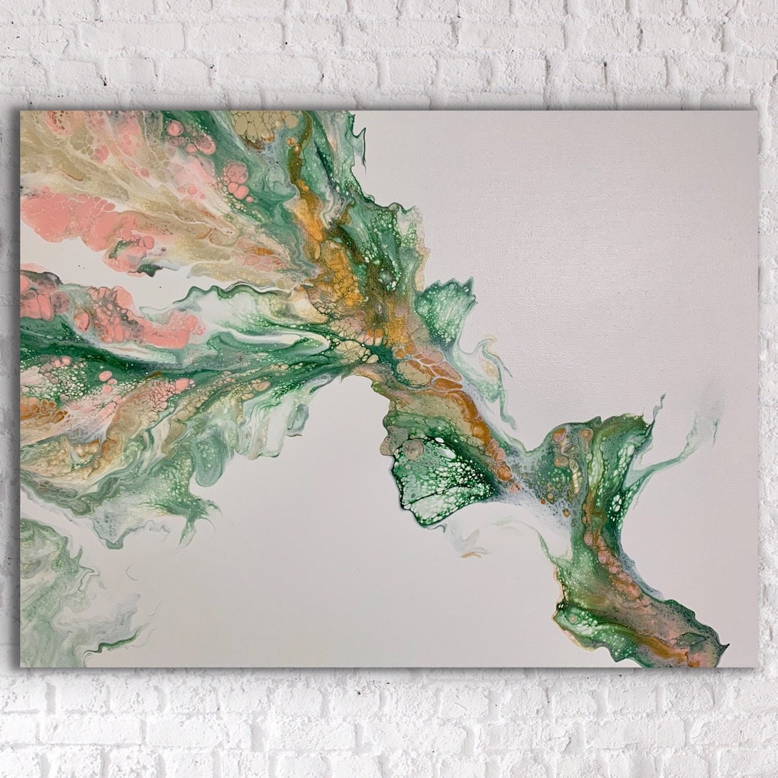 Beautiful Shades of Green and Beige on an Ombre Gradient Background  Abstract Fluid Art Acrylic Pour Painting. Canvas Size: 12x 1.5 X 16 