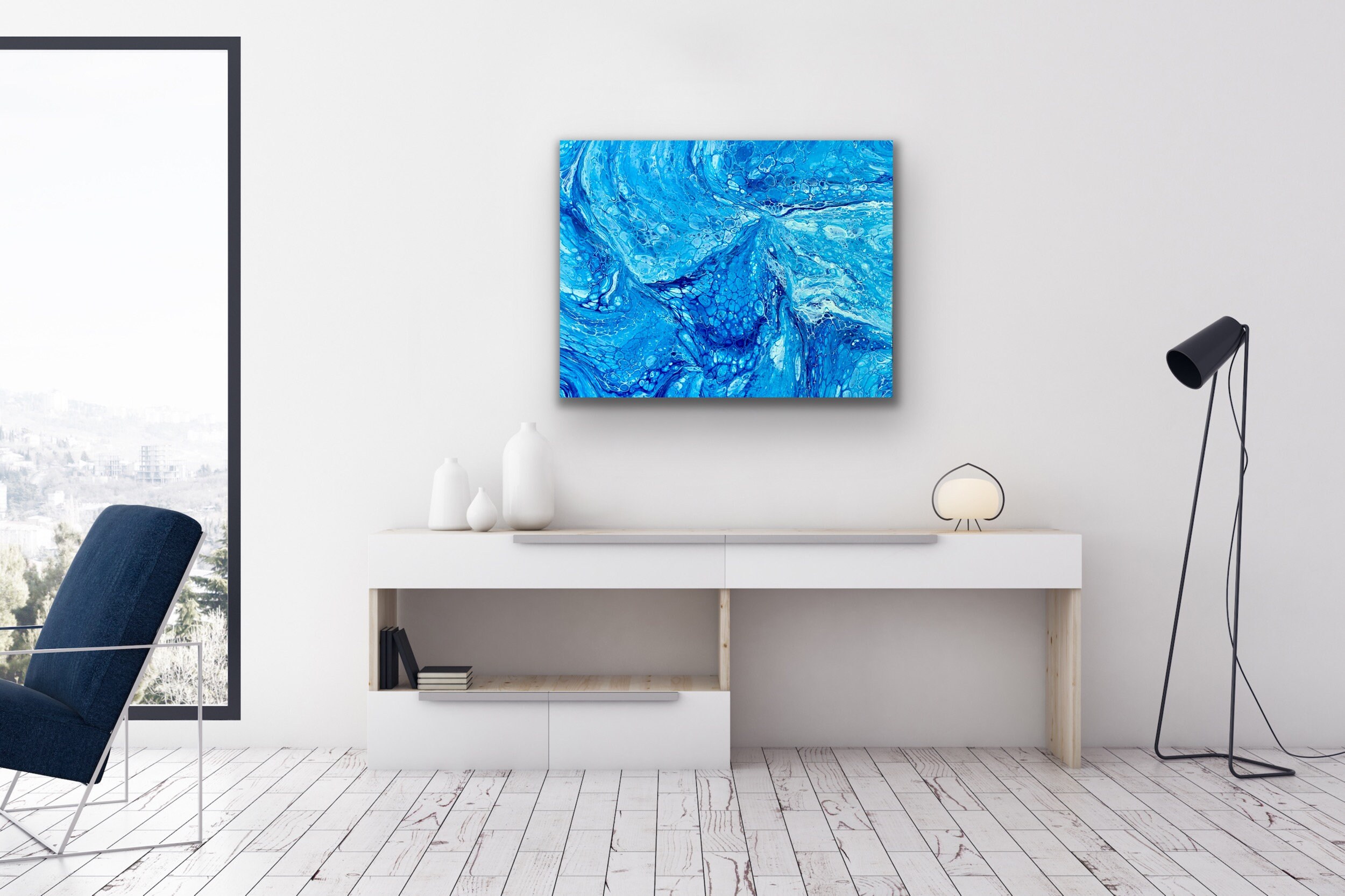 Ocean Inspired Blue and White Fluid Acrylic Abstract Art on Canvas ...