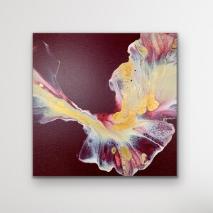 Beautiful Beige, Gold and White on a Burgundy Background Abstract Fluid Art Acrylic Pour Painting. Canvas size: 14&quot;x 14&quot;