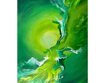 Shades of Green Mysterious Moon Rising Inspired Abstract Fluid Art Acrylic Pour Giclee Print. Different sizes available.