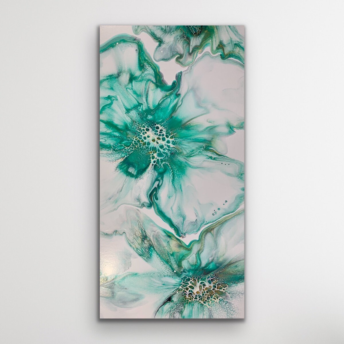 Aqua Green with Gold And Grey Abstract Flower Fluid Art Acrylic Pour Painting. Canvas size: 12"x 1.5"x24"