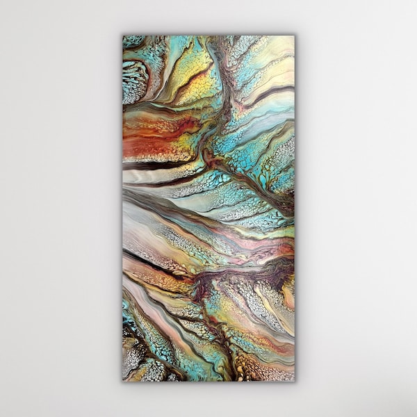 Merlot, Light Blue and Gold Landscape Canyon Inspired Abstract Fluid Art Acrylic Pour Painting. Canvas size: 12" x 24"