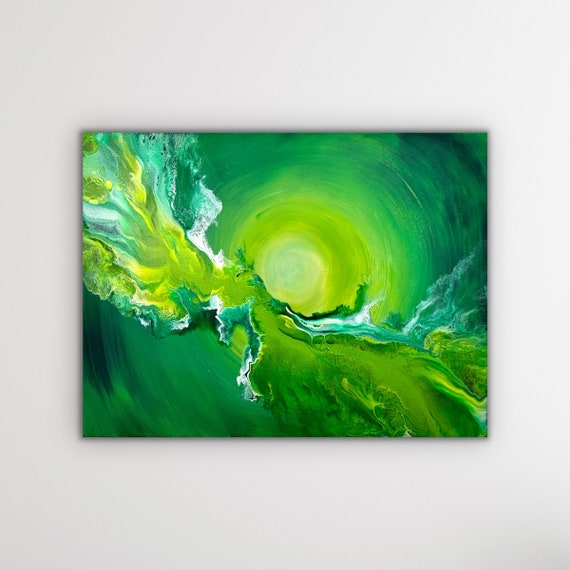 Beautiful Shades of Green and Beige on an Ombre Gradient Background  Abstract Fluid Art Acrylic Pour Painting. Canvas Size: 12x 1.5 X 16 