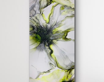 Stunning Lime Green and Grey Abstract Flower Inspired Fluid Art Acrylic Pour Painting. Canvas size: 12"x 2"x 24"