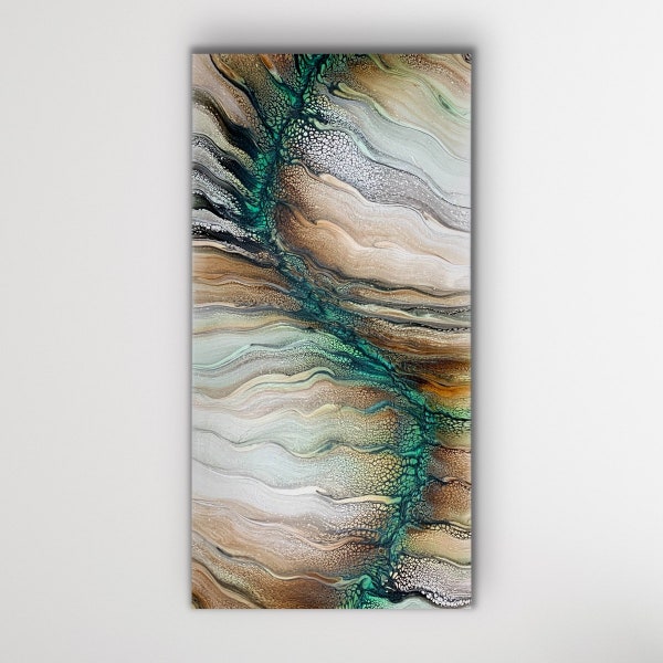 Beautiful Green and Brown Nature Inspired Abstract Fluid Art Acrylic Pour Painting. Canvas size: 15"x 30"