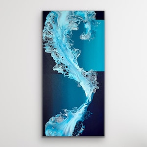 May include: Abstract painting with blue and white paint swirls on a dark blue background.