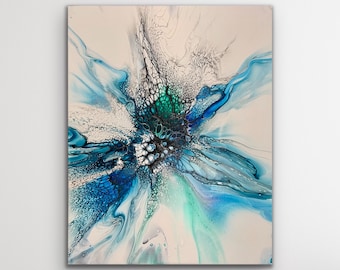 Beautiful Blue and Green Ocean Inspired Abstract Fluid Art Acrylic Pour Painting. Canvas size: 16"x 20"