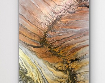 Beautiful Gold, Copper and Bronze Abstract and Modern Swipe and Spin Fluid Art Acrylic Pour Painting. Canvas size: 15" x 30"