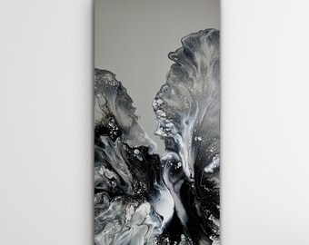 Monochrome Black, Grey, Silver and White Abstract Fluid Acrylic Art Painting. Canvas size: 10&quot;x 20&quot;