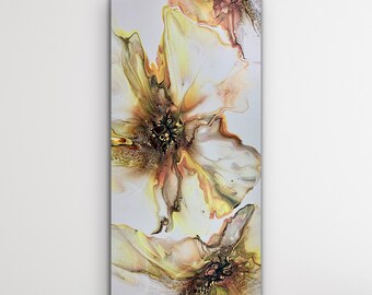 Peach, Orange, Yellow, and Brown Abstract Fluid Art Acrylic Pour Painting. Canvas size: 12"x 24"