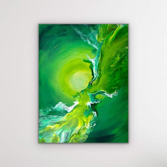 Beautiful Shades of Green and Beige on an Ombre Gradient Background  Abstract Fluid Art Acrylic Pour Painting. Canvas Size: 12x 1.5 X 16 