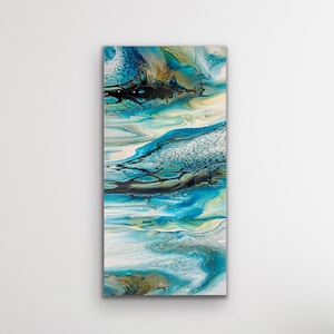 Beautiful Shades of Blue and Tan/Sand Abstract Fluid Art ACrylic Pour Painting. Canvas size: 10&quot;x 11/16&quot; x 20&quot;