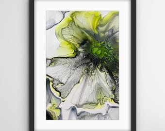 Lime Green and Grey Flower Inspired Abstract Fluid Art Acrylic Pour Giclee Print