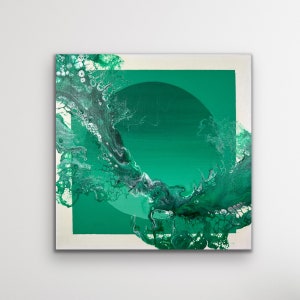 Beautiful Shades of Green w/ Silver Accent Ethereal, Abstract,  Modern Fluid Art Acrylic Pour Painting. Space/Galaxy. Canvas size: 12&quot;x 12&quot;