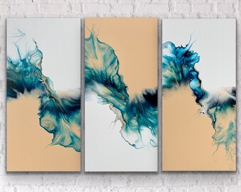 Stunning Beige, Blue, Brown, and Gold Abstract Fluid Art Triptych Painting. Acrylic Pour Art. Each Canvas is 10&quot;x 20&quot; (3 total canvases)