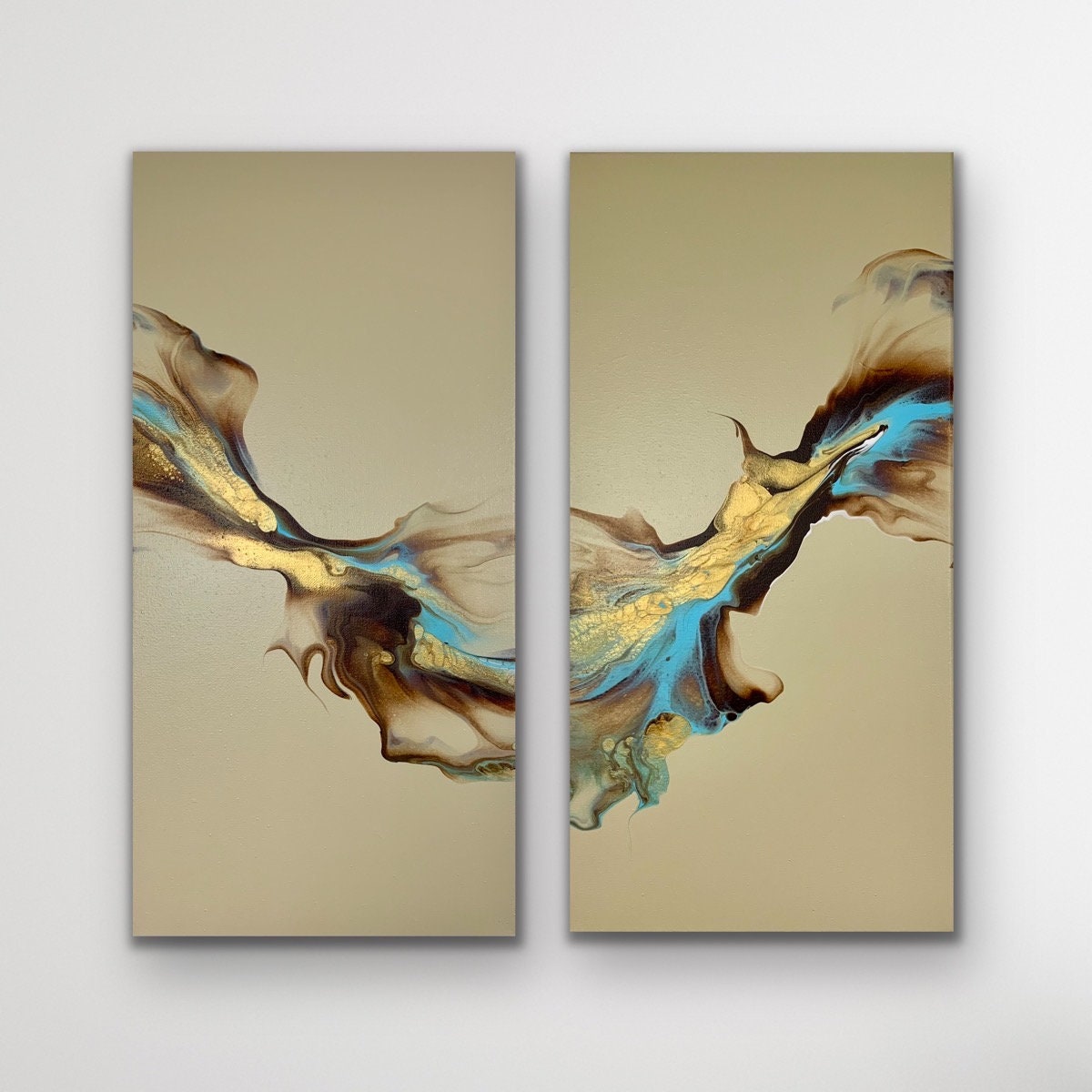 Beautiful Brown, Blue and Gold on a Beige Background Abstract Fluid Art ...