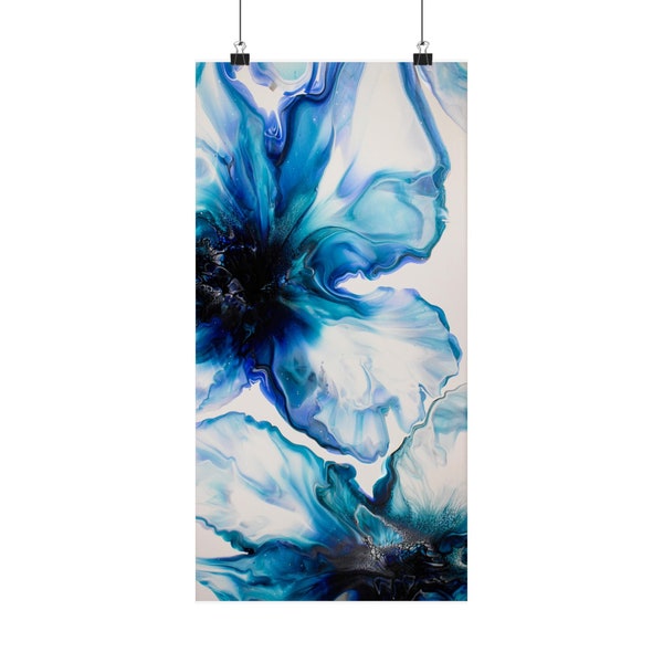 Beautiful Blue Iris Flower Inspired Abstract Fluid Art Acrylic Pour Print. Different sizes available!