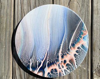 Grey, Blue, Turquoise, and Coral Abstract Fluid Art Painting on a Round Canvas. Acrylic Pour Art. Canvas Size: 10&quot; in diameter.