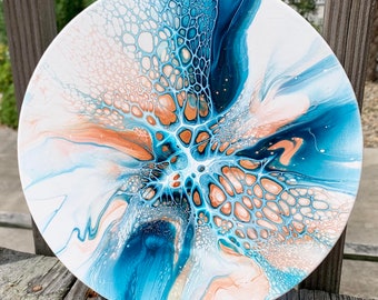 Blue and Copper Abstract Fluid Art Painting on Round Canvas. Pour Art. Canvas size: 10" in diameter.