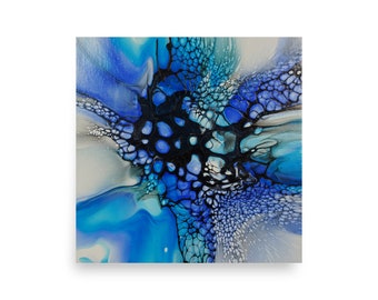 Blue and Purple Abstract Bloom Fluid Art Acrylic Pour Print. Giclee Print.