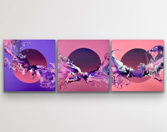 Purple and Pink Abstract Fluid Art Acrylic Pour Transparent Dutch Pour Triptych Paintings. Each canvas size: 10"x 10"