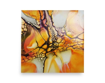 Orange and Gold Abstract Bloom Fluid Art Acrylic Pour Print. Giclee Print.