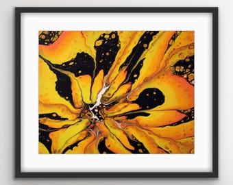 Splendida stampa giclée in acrilico fluido astratta ispirata ai girasoli. Cornice non inclusa.