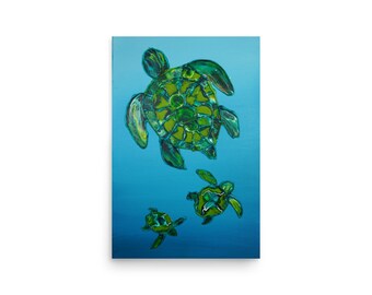 Turtles in the Ocean Abstract Fluid Art Acrylic Pour Print. Giclee Print.