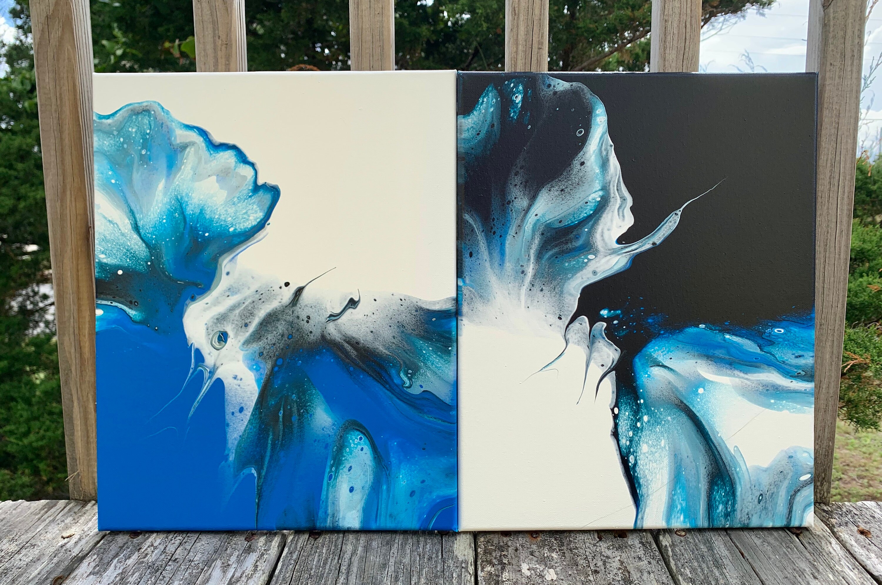Blue Silver and White Diptych Abstract Fluid Art Painting. Etsy