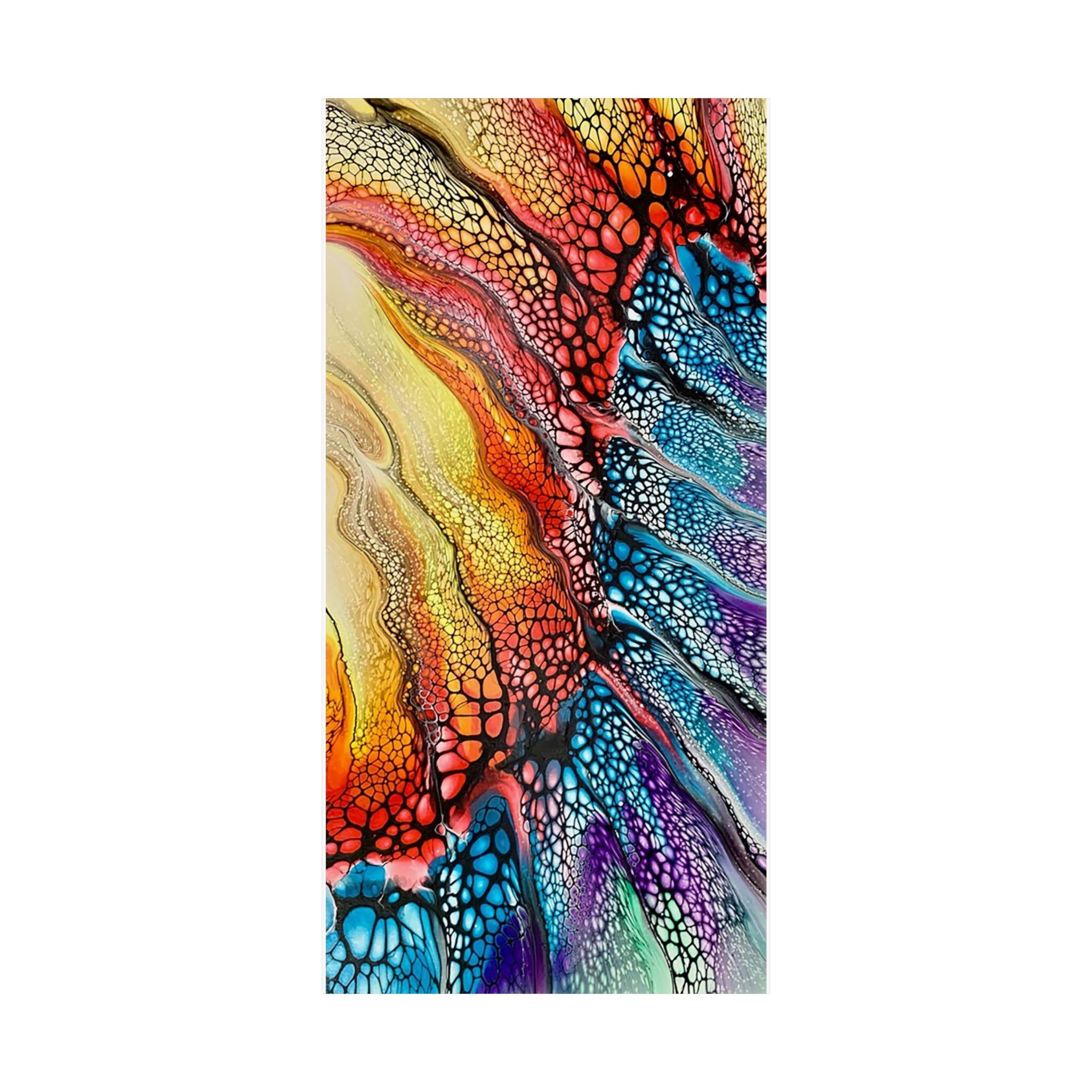 Stampa artistica fluida astratta ispirata all'arcobaleno, scorrimento e rotazione in acrilico per stampa giclée. Disponibili diverse misure.