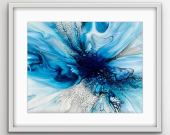Splendide tonalità di blu, poster/stampa giclée di arte fluida astratta. Tecnica di colata acrilica. Cornice non inclusa.