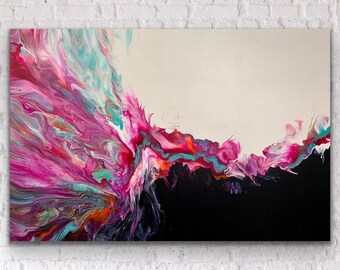 Colorful Magenta, Orange, Blue, and Gold on a White and Black Background Abstract Fluid Art Painting. Pour Art. Canvas size: 24&quot;x 36&quot;