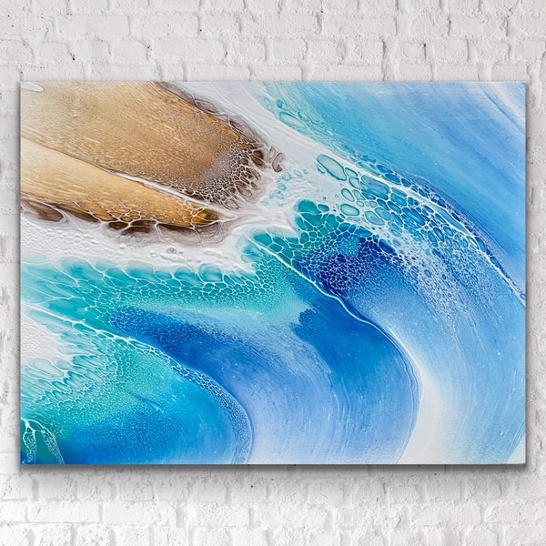 Gorgeous Ocean Waves Beach Inspired Abstract Fluid Art Painting. Canvas Size: 18"x 24"