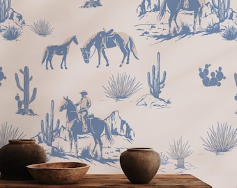 Removable wallpaper cowboy desert, peel and stick wallpaper, luxury wall art, elegant room decor, blue western horses #2166