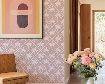 Pink palm wallpaper, tropical coastal removable wall mural, pastel peel and stick wallpaper, beach house wall decor, summer style #2121