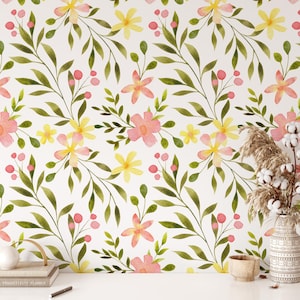Vintage Tapete Blumen in Pastellfarben gelb und rosa - 1796