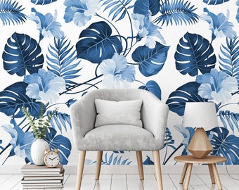 Wallpaper Indigo Blue Monstera Leaves #369 | Wallpaper, Classic Wallpaper, Traditional Wallpaper Non-woven Wallpaper Self-adhesive Wallpaper