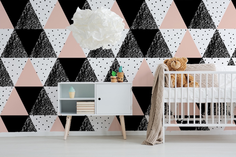 Classic Wallpaper Self-adhesive Wallpaper Removable Wallpaper Peel and Stick Wallpaper Wallpaper Wallpaper Pink /& Black Triangles #132