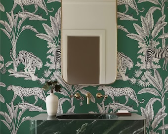 Jungle wallpaper, tiger zebra leopard design, green tropical wall mural exotic animal pattern, elegant safari peel and stick wallpaper #2148