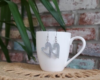 Valentine's Day Heart Earrings, Silver Heart Dangle, Silver Glitter Heart Earrings, Holiday Earrings, Everyday Heart Earrings