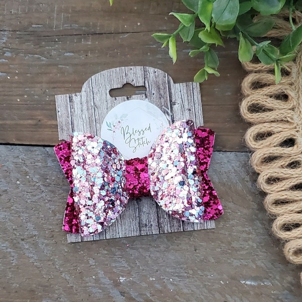 Pink Glitter Hairbow, October Pink Bow, Light Pink Faux Leather Hairclip, Summer Piggie Bows, Princess Birthday Hairbow, Easter Pink Hairbow