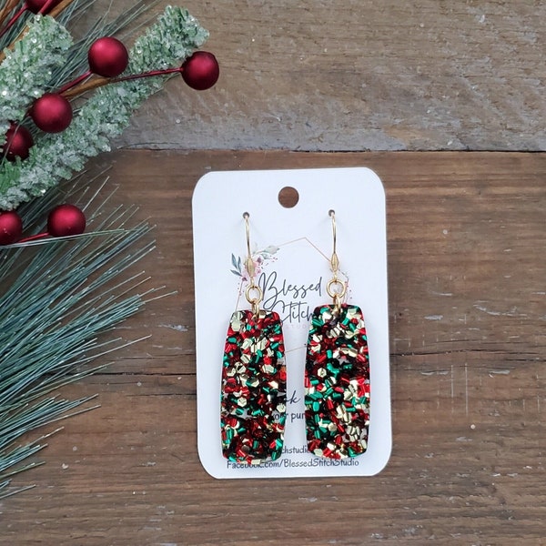 Christmas Glitter Earrings, Gold Glitter Acrylic Bar Earring, Red Green Glitter Christmas Dangle, Holiday Party Dangle, Classic Christmas