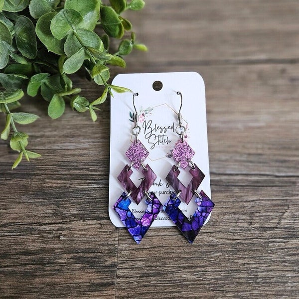 Purple Diamond Trio Earrings, Purple Glitter Trio, Stained Glass Earrings, Dark Purple Marble Dangle, Purple Print Stacked Earrings