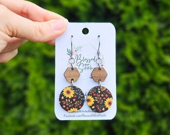 Wood Sunflower Earrings, Sunflower Birthday Theme, Round Summer Flower Earring, Fall Flower Pattern Dangle, Yellow Sunflower Circle Earrings