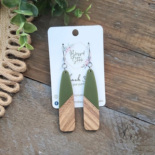 Olive Green Wood and Resin Earrings, Long Green Teardrop Earring, Sage Green Dangle, Autumn Earrings, St. Patrick's Day Green Earring