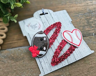 Sports Hair Clip, Baseball Snap Clip, Football Snap Clip, Red Glitter Hair Clip, Spring Fall Sports Glitter Clip, Snap Clip Set